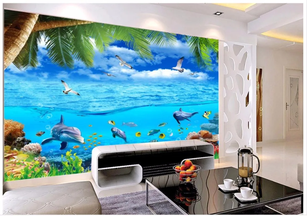 

High-end custom 3d photo wallpaper murals Mediterranean mural Beach scenery wallpaper coconut tree TV wall paper home decoration