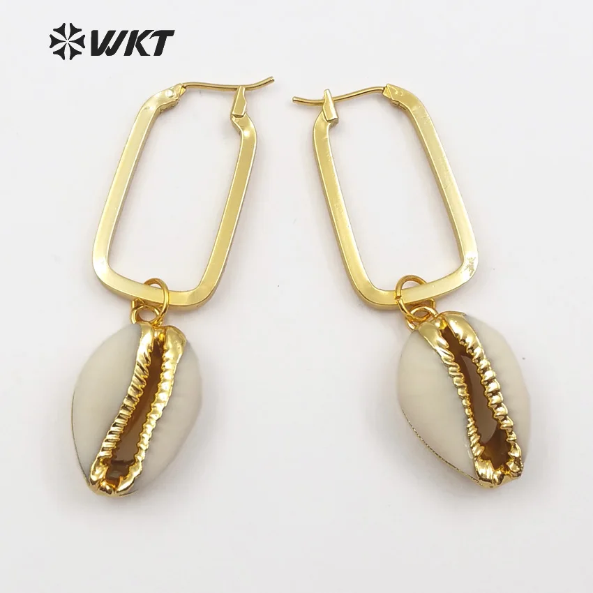 

WT-E449 Natural Raw Cowrie With Gold Trim Mosaic Rectangle Metal Hoop Charm Earring Women Bohemia Style Dangle Earring