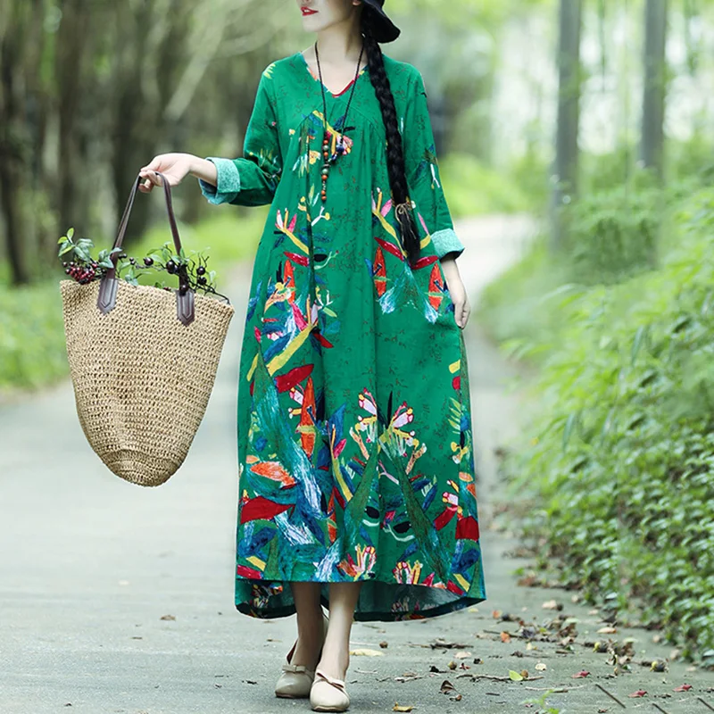 EaseHut Женщины Boho Винтаж Свободное Повседневное Платье с принтом Хлопок льняное Платье с Длинными Рукавами Негабаритных Халат Макси Длинное Платье Vestidos