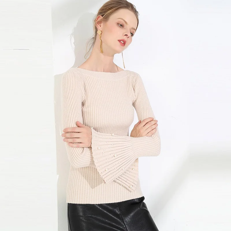 Autumn Women Sweater And Pullovers Knitting Pearl Beading Slim White Femme Tricot Pull | Женская одежда