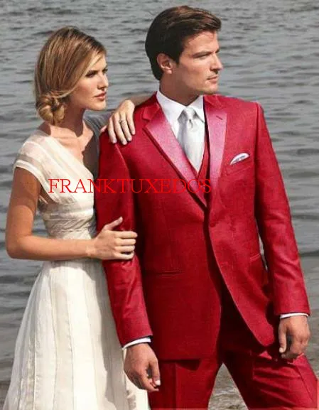 

New style Customize made Red Notch Lapel Groom Tuxedos Best Man Groomsmen Prom Suits Men Wedding Suits(Jacket+Pants+Vest+Tie)