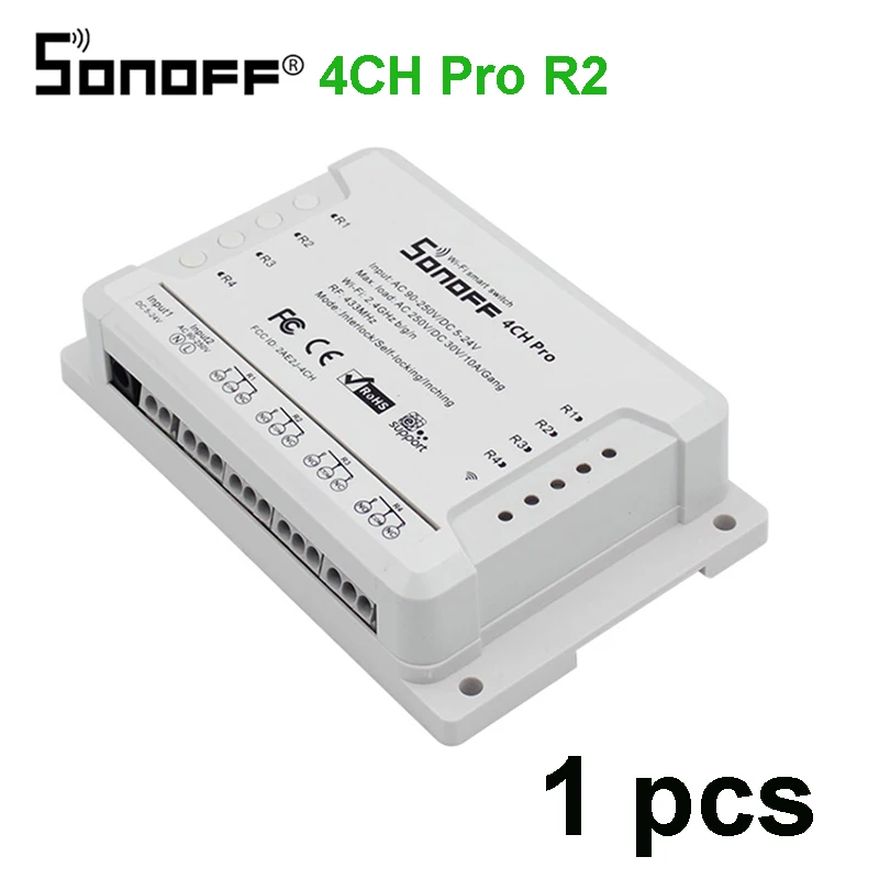 4CH Pro R2 1PCS Sonoff 4CH Pro R2, умный Wifi переключатель 433 МГц RF Wifi светильник 4 банды 3 режима работы инчинг интерлок умный дом с Alexa - Комплект: 4CH Pro R2 1PCS