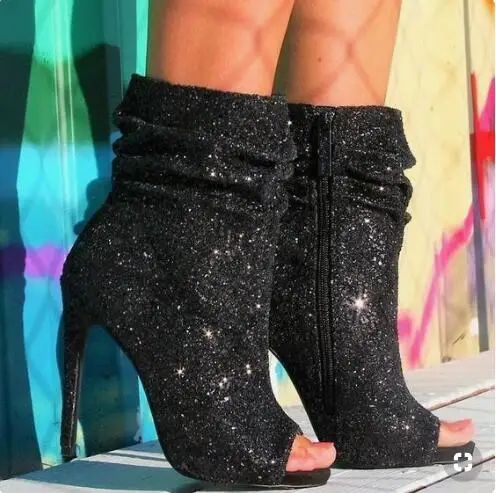 

Elegant Blue Crystal Peep Toe Ankle Boots Thin Heels Rhinestone Gladiator Boots Women Customized Slip-on Ladies Runway Boots