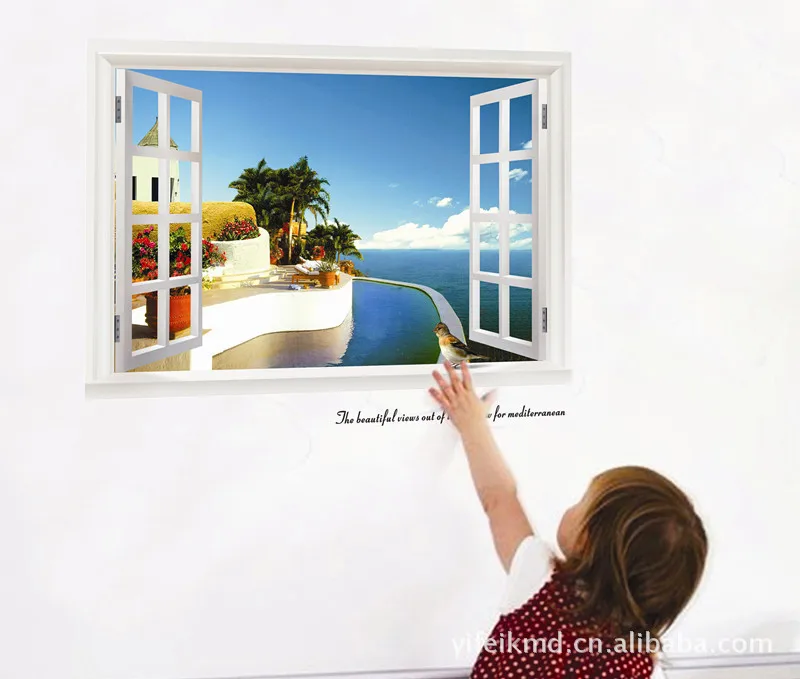 2015 Rushed New Fake Window Wallpaper 3d Wall Sticker decorative Stickers large Home Decoration summer Style free Shipping | Дом и сад