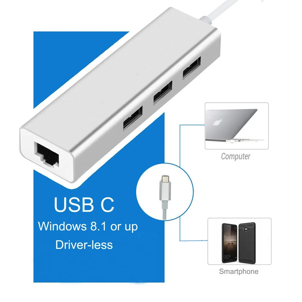 Адаптер Type C для RJ45 Gigabit Ethernet с 3 портами USB 0 Hub ASUS Chromebook HP Dell Acer Macbook Pro Lenovo ноутбука