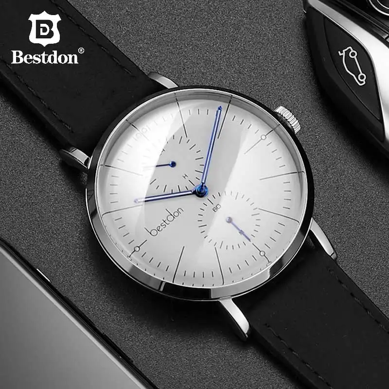 Bestdon, мужские часы, хронограф, модный бренд, мужские часы, пилот, большой циферблат, черный кварц, кожаный ремешок, часы, топ, подарки для мужчин