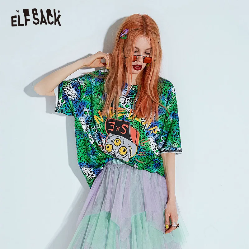 Женская повседневная футболка ELF SACK зеленая леопардовая с круглым вырезом