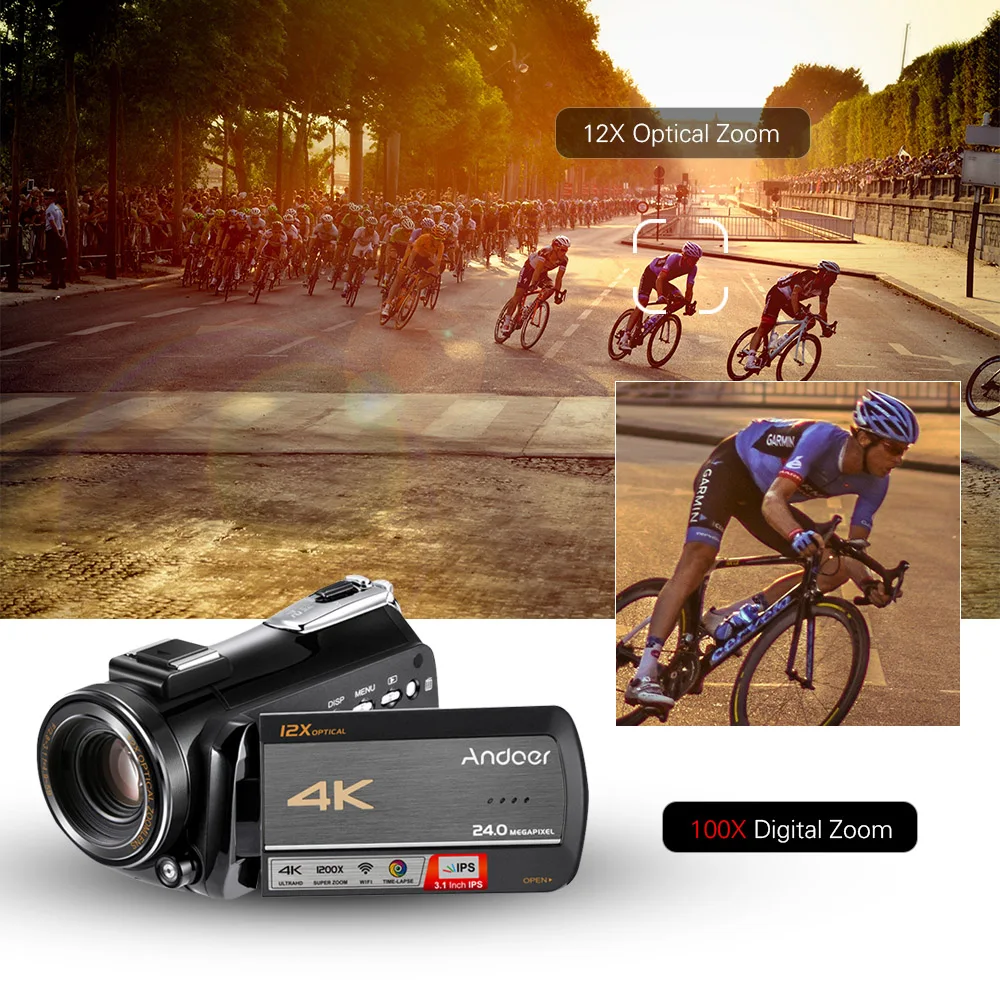 Andoer AC5 4K UHD 24MP Wifi цифровая видеокамера регистратор DV 12X оптический зум с таймером