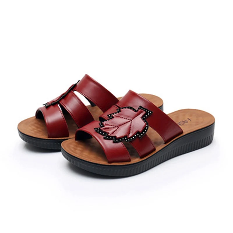 ZZPOHE New Summer Woman Sandals Ladies PU Leather Casual Soft Flat Slippers Slip On Comfortable Women Shoes - Цвет: red