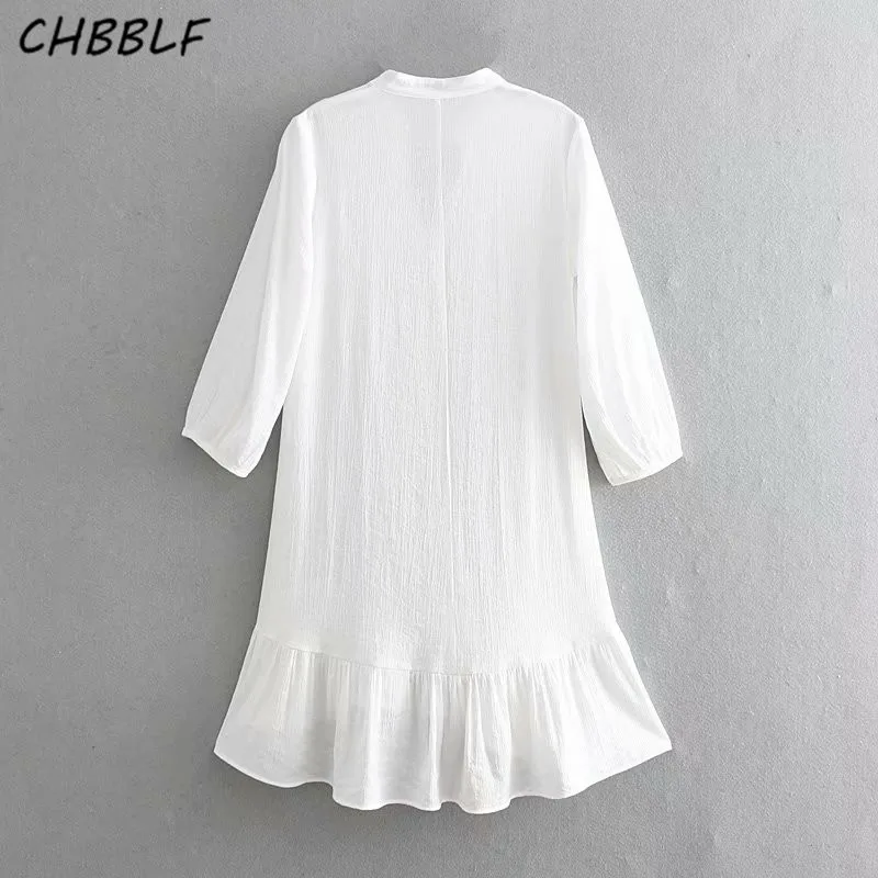 CHBBLF women white V neck dress buttons design three quarter sleeve female casual ruffles dresses vestidos NJN1328 | Женская одежда