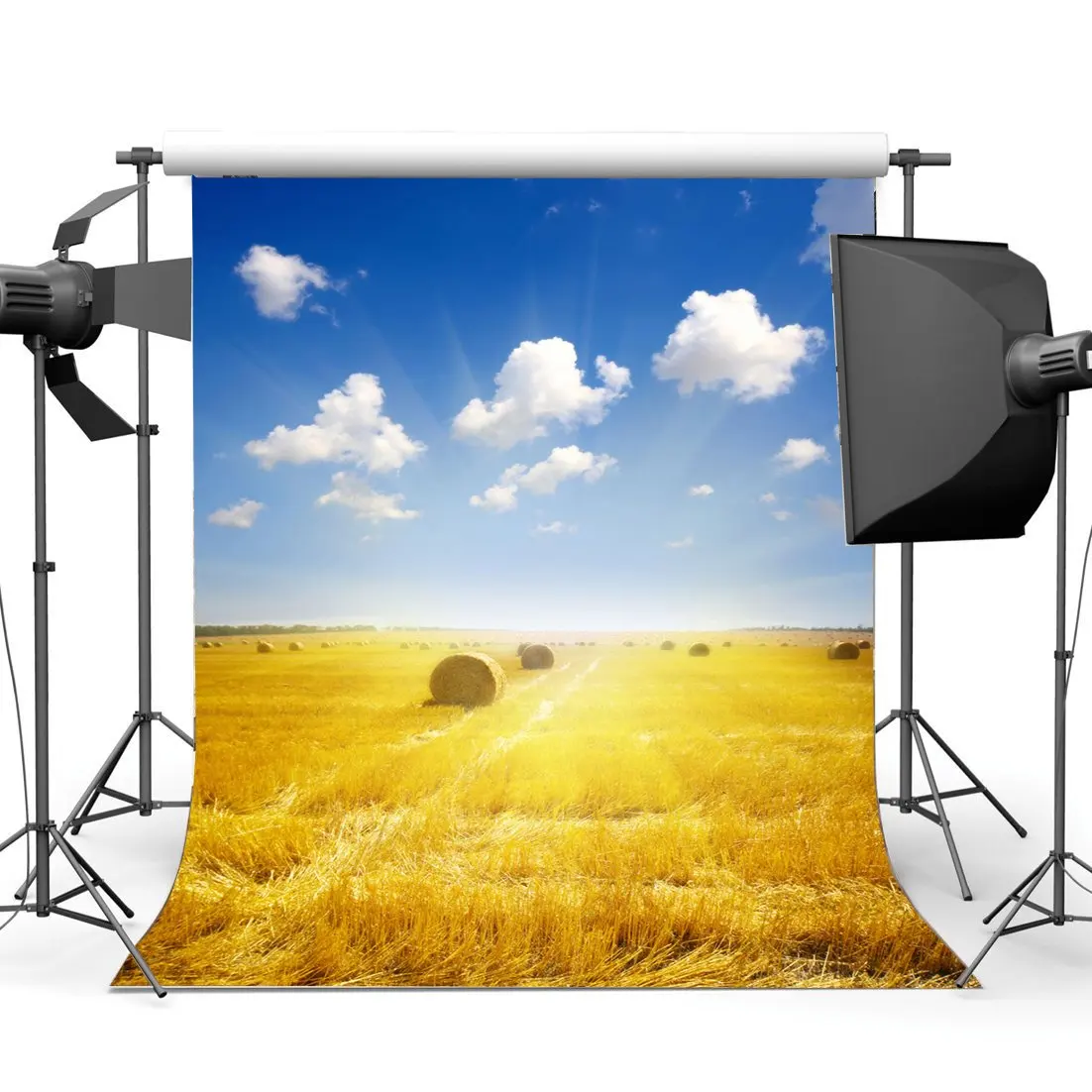 

Autumn Harvest Farmland Backdrop Golden Wheat Field Straw Hay Bale Blue Sky White Cloud Holy Lights Background