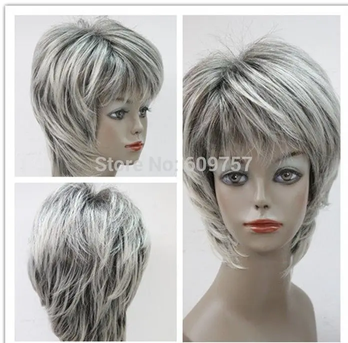 Cos серый микс короткие прямые косплей полный парик волокна не Фронт Парики волос