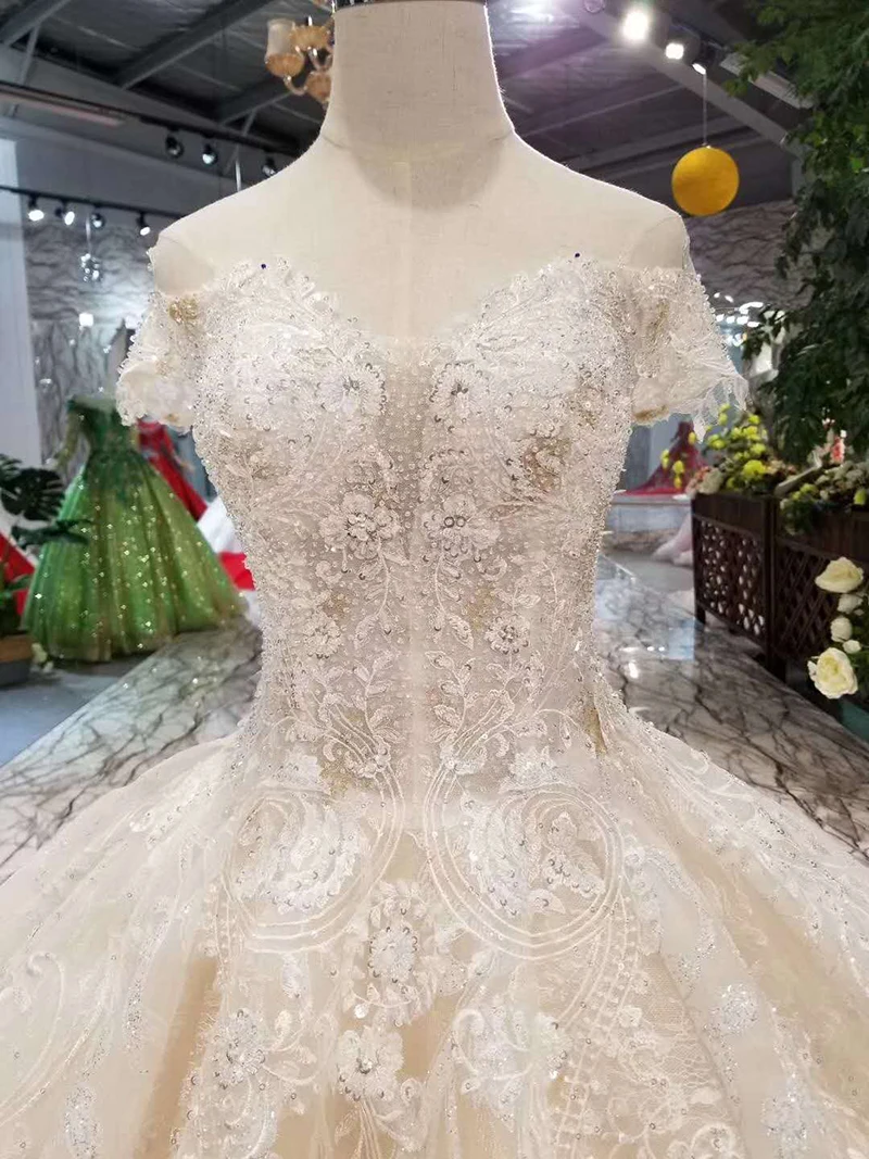 LSS186 блестящие кружевные свадебные платья с открытыми плечами милое бальное