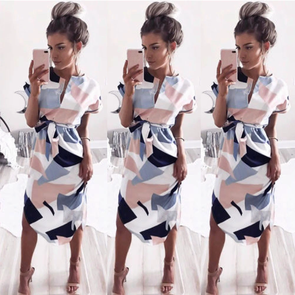 2019 Hot Sale Women Midi Party Dresses Geometric Print Summer Boho Beach Dress Loose Batwing Sleeve Vestidos Plus Size #3 | Женская