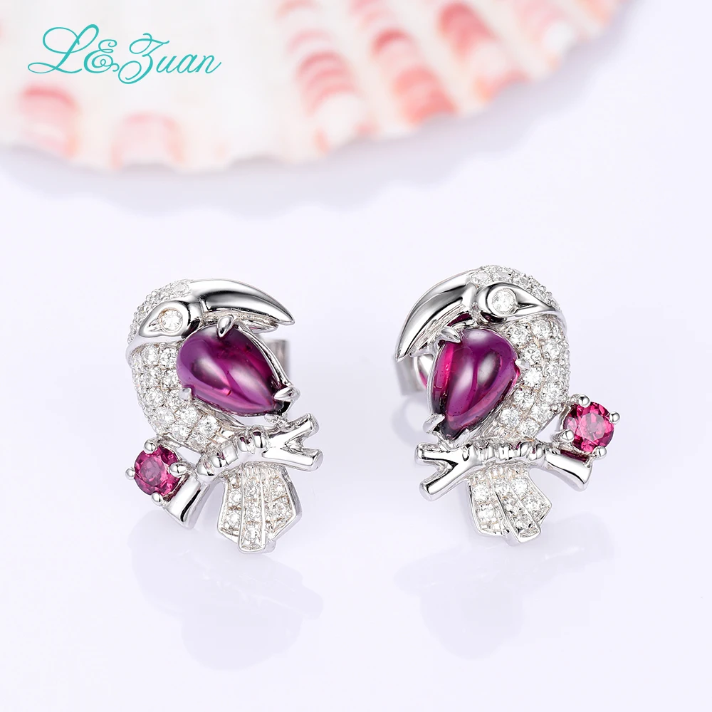L& Цзуань 925 пробы серебро 3.11ct натуральный гранатово-красный камень элегантные серьги-гвоздики для женщины серьги в виде попугая Рождественский подарок