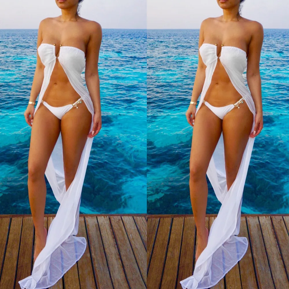 

New Women Summer Solid Sexy Off Shoulder Chiffon Swim Wear Button Beach Maxi Dress Split Beachwear Plus Size Push Up Swim Dress