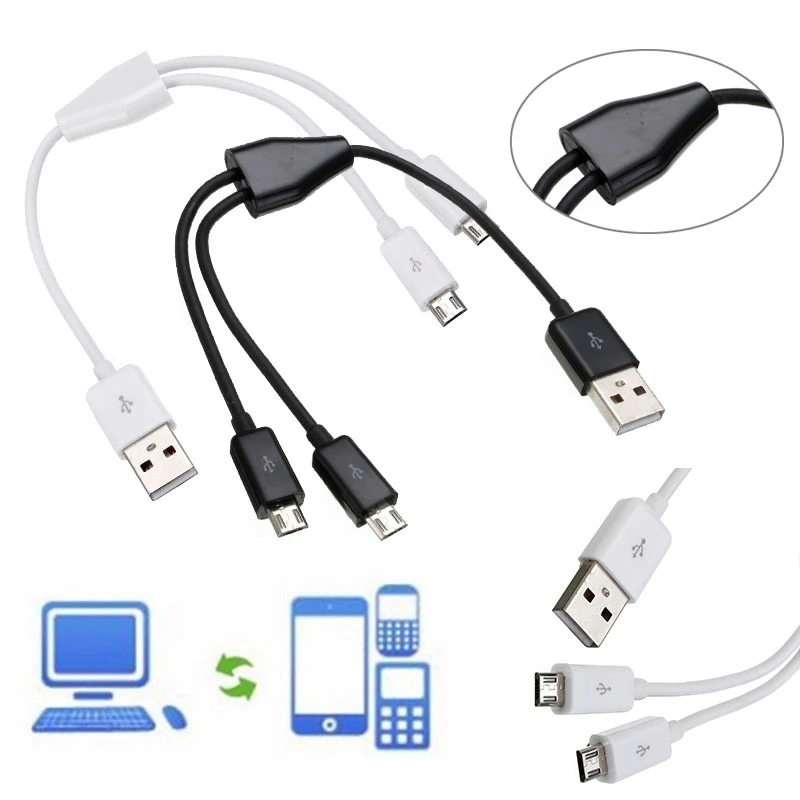 USB 2,0-Dual 2 Micro USB 2,0 Мужской y-разветвитель кабель для зарядного устройства 0,2 м/футов/1 м/3 фута черный/белый
