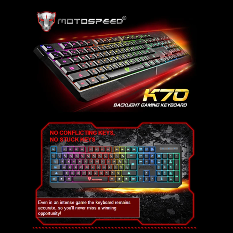 Motospeed K70 Водонепроницаемый Красочный светодиодный с подсветкой USB Проводная клавиатура механические клавиши A30