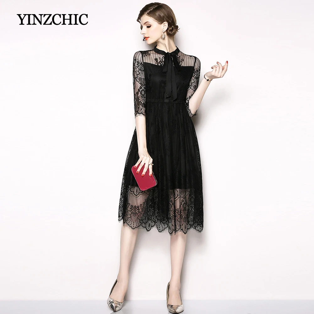 

Solid Black Womans Lace Dress Bow-Neck Female Casual Midi Dress Hollow-Out Laces Dresses Women OL Elegant Party Dress