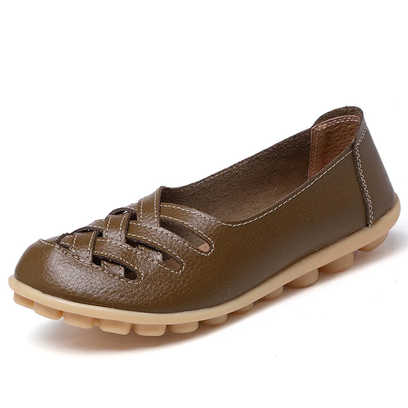Khaki Новое поступление; женские босоножки; Летняя обувь; коллекция года; модные повседневные лоферы из натуральной кожи; обувь на плоской подошве с перфорацией; размеры 34-44 - Цвет: Khaki