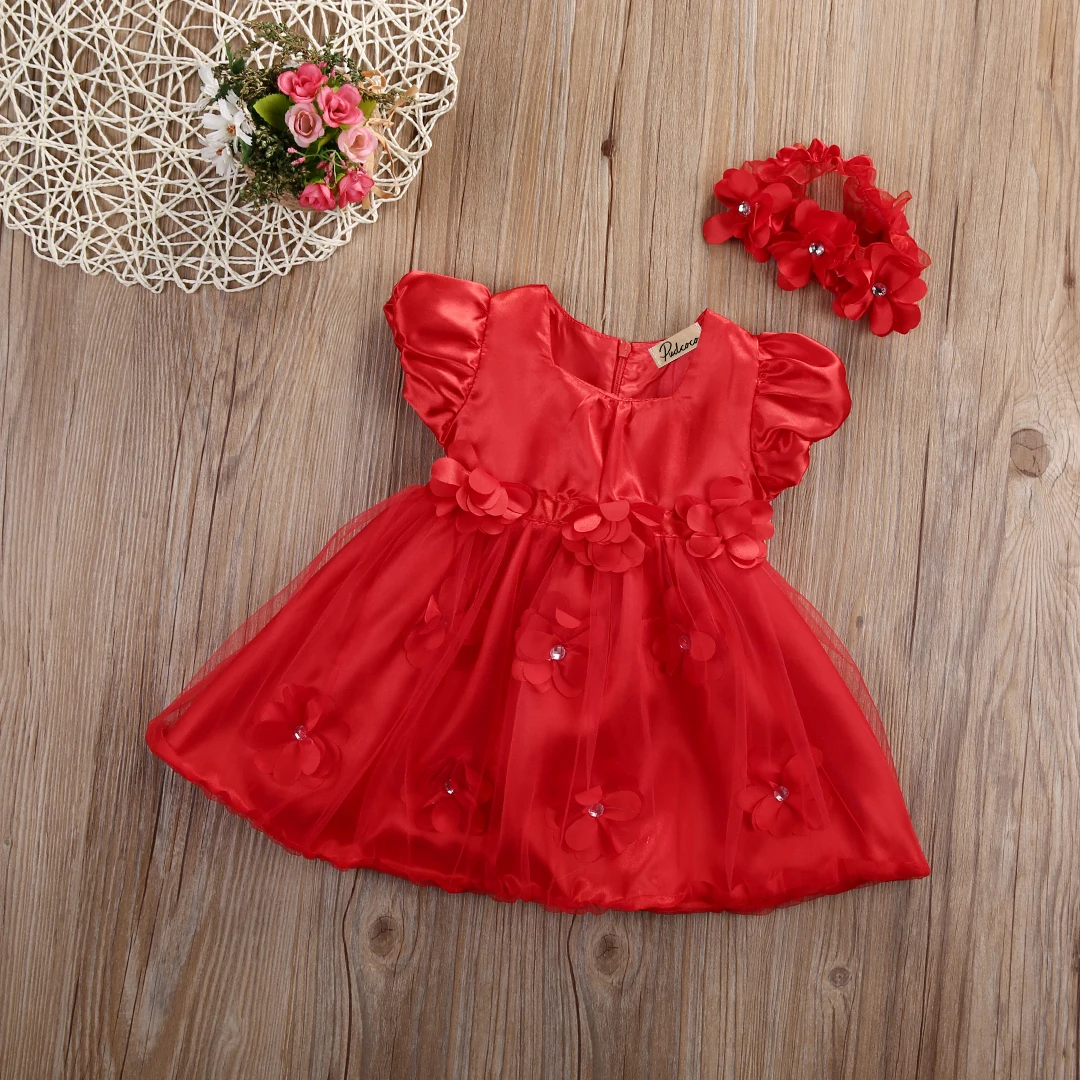 US STOCK Kids 2pcs 0-3years baby Girls Red Party Wedding Dress+Flowers headband Birthday Pageant Princess Tulle tutu Lace Dress | Детская