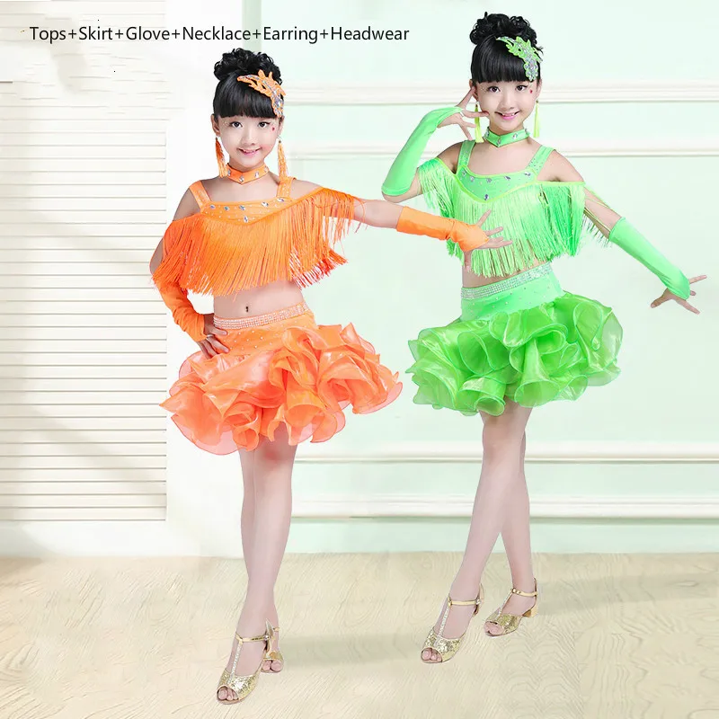 

Girls Latina Dance Costume Tassel Stage Ballroom Dance Dress Salsa Dance Skirt Vestiodo Baile Latin Dance Competition Costumes 9
