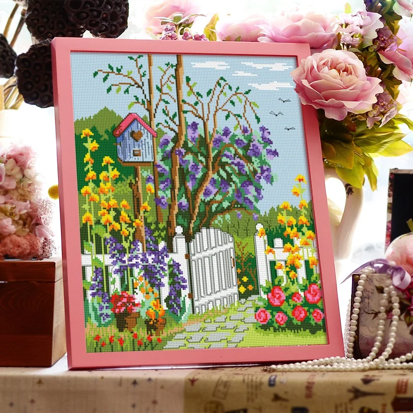 

The corner of the garden cross stitch kit DMC brand thread animal dog count canvas fabric embroidery handmade needlework craft s