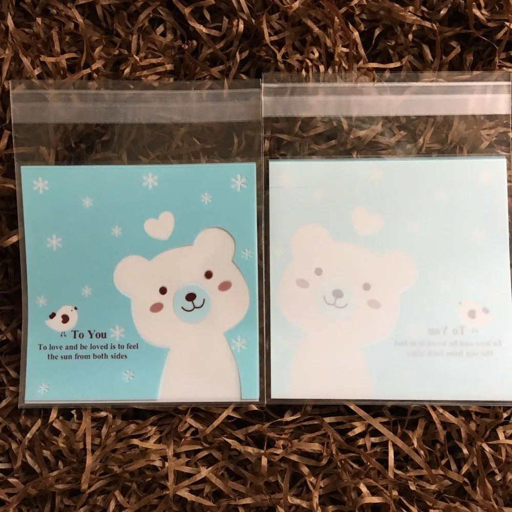 100 шт./лот упаковочный пакет для печенья с голубым медведем пластиковые пакеты