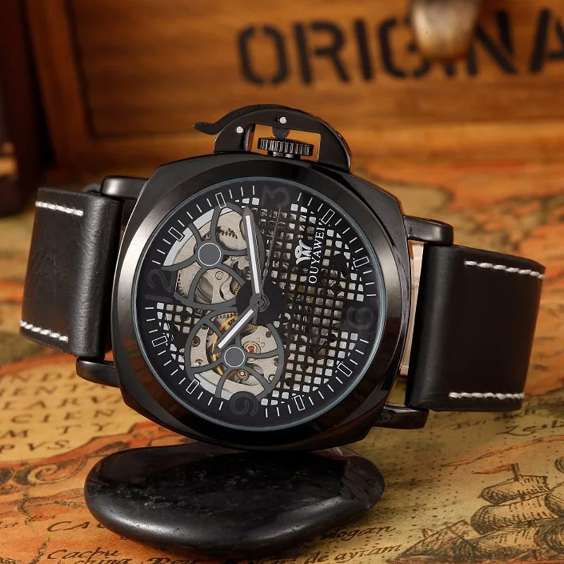 Мужские автоматические механические часы OUYAWEI черные наручные из натуральной
