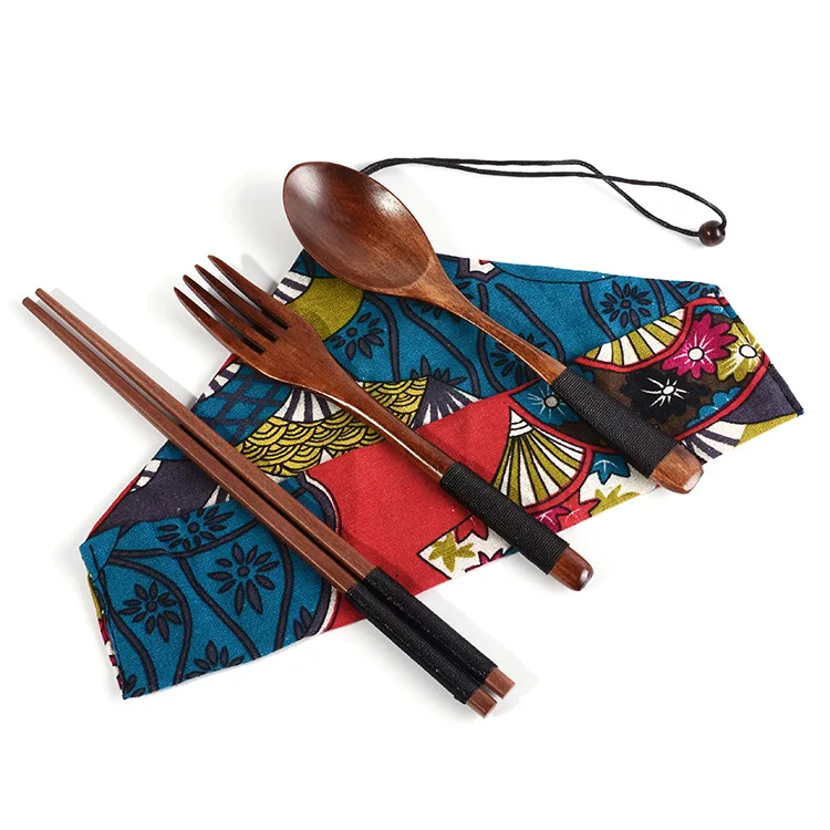 Портативный в японском стиле бамбуковое столовые приборы 3 шт. набор для пикника