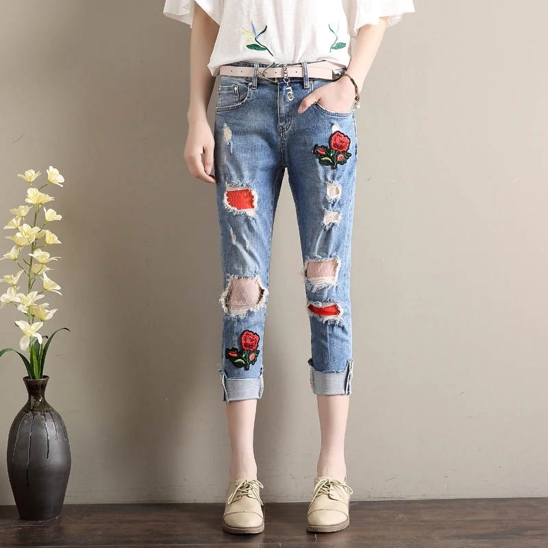 denim jeans panty women spring summer style autumn 2017 feminina fashion thin rose new hole embroidery pants female A3662 |