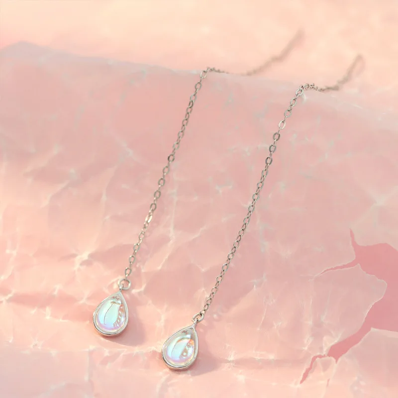 Fengxiaoling,, 925 пробы, серебро, капли воды, лунный камень, Длинная кисточка, висячие серьги для женщин, модные вечерние ювелирные изделия
