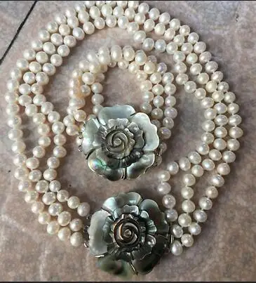 Красивые Горячие Модные Новые 3 rows7-8mm Южное море белый круглый жемчуг ожерелье 17