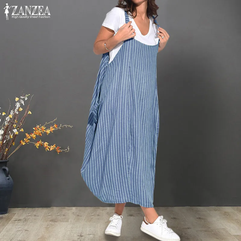 Plus Size Striped Overalls Dress Women's Summer Dresses ZANZEA Tank Vestidos Female Strappy Robe Femme Suspenders Vestido