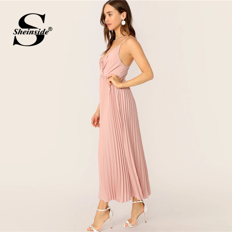 Sheinside, розовое Плиссированное шифоновое платье с v-образным вырезом для женщин, лето, высокая талия, без рукавов, платья для вечеринок, женское однотонное расклешенное платье