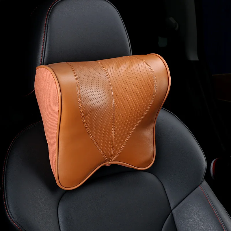 1pcs brown Подголовник для автомобиля из натуральной кожи, подушка для шеи с эффектом памяти, автомобильное сиденье для вождения, подголовник, дышащие поддерживающие подушки, аксессуары для интерьера - Цвет: 1pcs brown