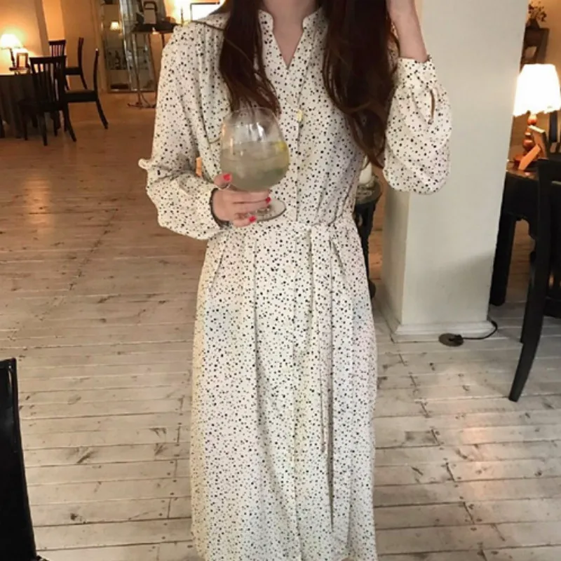 

Women Spring dot chiffon Long Shirt Dress Sashes Long sleeve V Neck Casual Dresses