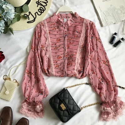 Pink Корейские элегантные шифоновые лоскутные блузки с цветочным принтом, женские винтажные блузки с расклешенными рукавами, весна - Цвет: Pink