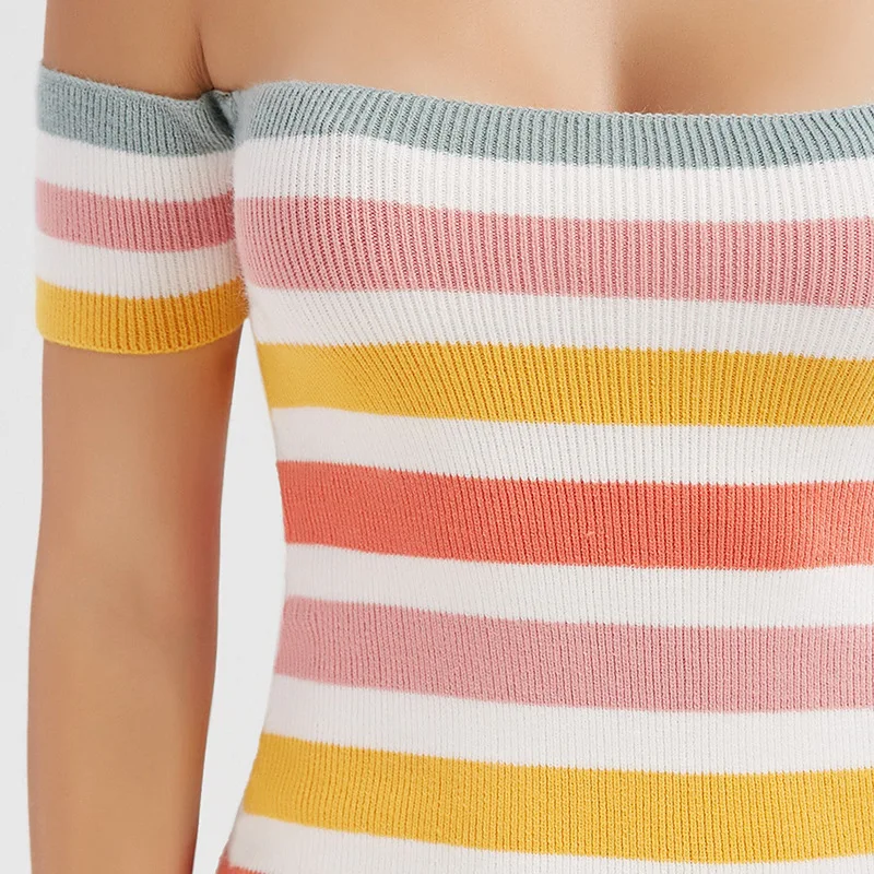 New Knitted Colorful Striped Mini Dress 2018 Women Summer Sexy Off Shoulder Skinny Short Dresses Elastic Bandage Vestidos | Женская