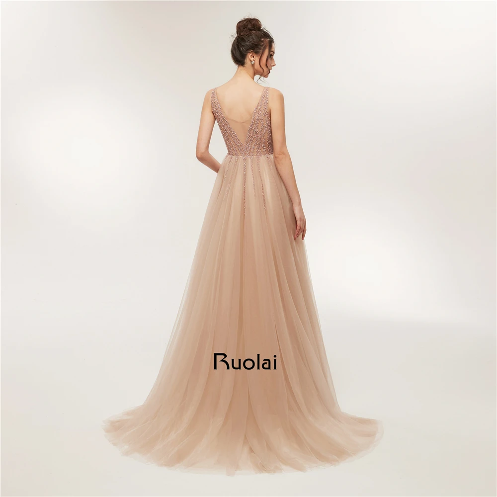 Сексуальное платье для Бала Low Neck A-Line бисерные вечерние платья длинное с разрезом роскошное выпусквечерние вечернее платье Robe de Soiree RE12