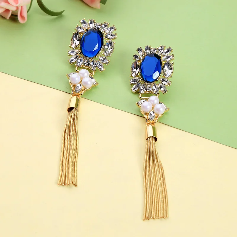 KISS ME Chic Gold Color Alloy Long Tassel Earrings 2019 New Blue Glass Crystal Earrings Women Jewerly images - 6