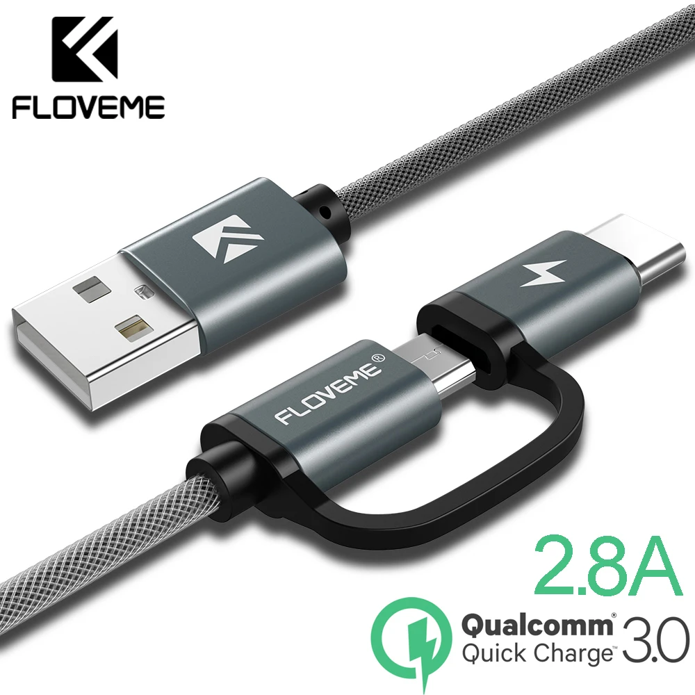 FLOVEME провод для зарядки QC3.0 2.8A Micro USB кабель быстро Зарядное устройство Тип usb C 2in1