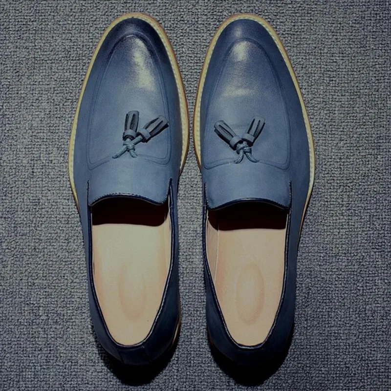 Мокасины мужские кожаные винтажные лоферы низкий каблук заостренный носок