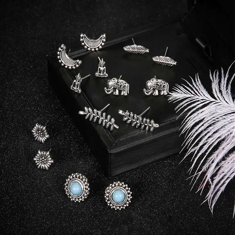 7 пар/компл. отдельных Будды Статуи слон цветы солнце и луна Серебряные серьги
