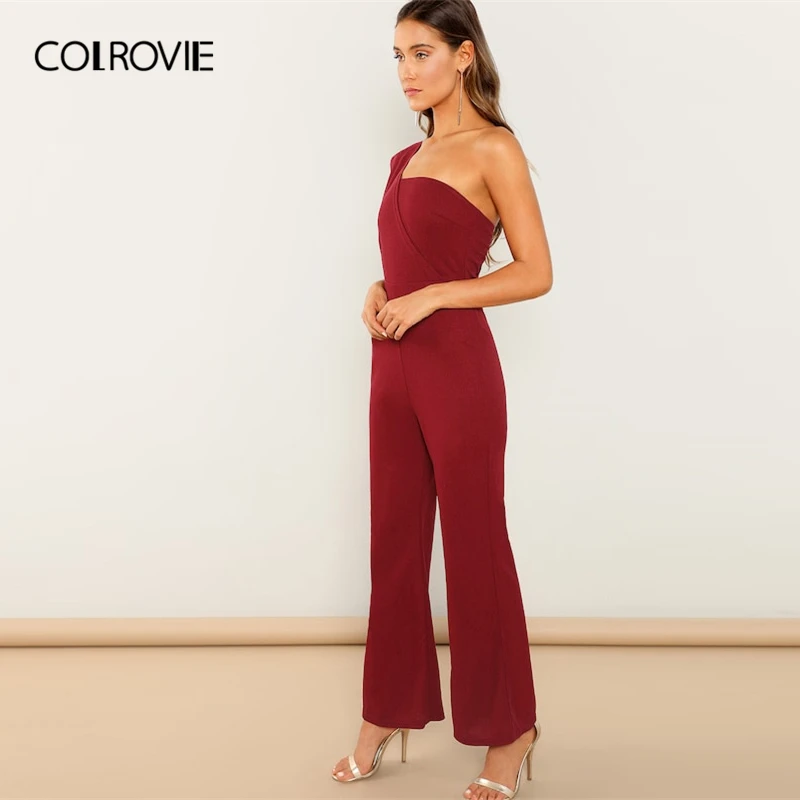 COLROVIE бордовый однотонный Рождественский расклешенный элегантный женский комбинезон на одно плечо весенний офисный сексуальный Облегающий комбинезон без рукавов
