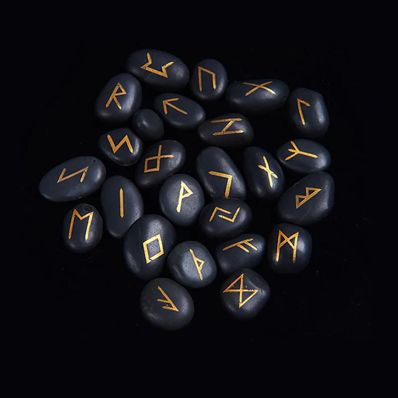25pcs/set Runes Stones with BlackTablecloth/Bag Engraved Riverstones Carved Black Lettering Feng Shui Board Game Accessory | Спорт и
