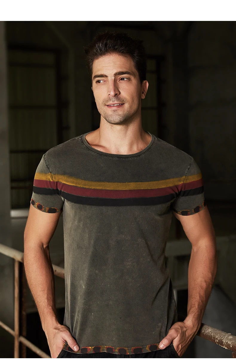 GustOmerD2019 Summer New Men's T-shirt Casual Slim Round Neck Short-sleeved Shirt Striped Print Cotton T-shirt Men