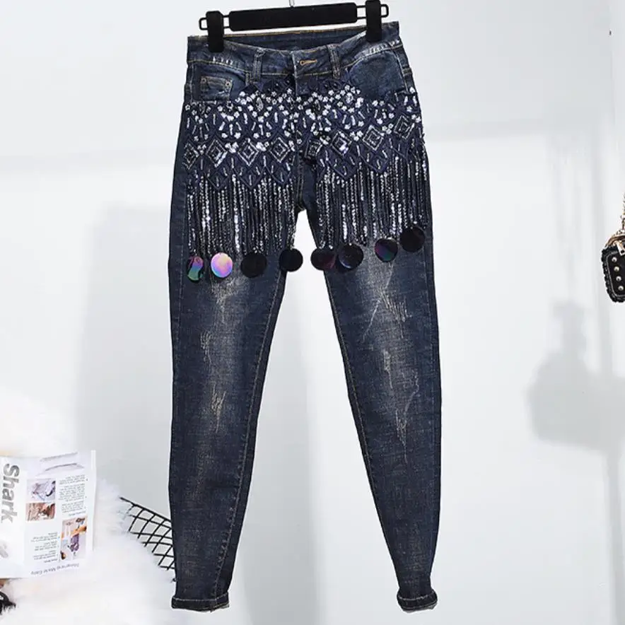 Женские джинсы стрейч винтажные с блестками большие размеры 26 30|Узкие джинсы| |