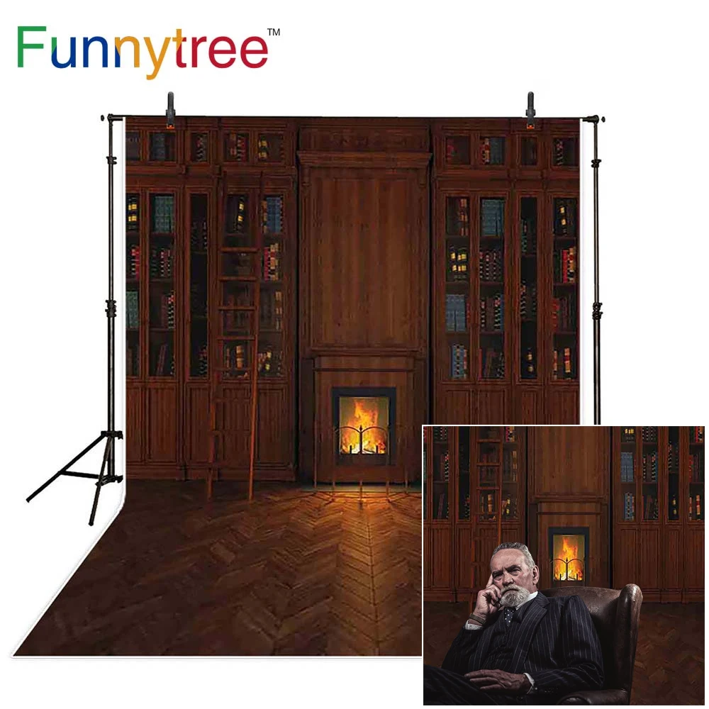 Фон Funnytree для фотосъемки камин лестница книжная полка в помещении винтажный