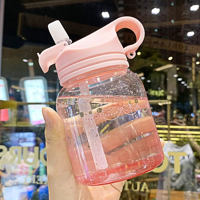 pink star 350 мл стеклянная портативная бутылка для воды со скрытой соломинкой для девочек, детей, студентов, милый стиль - Цвет: pink star